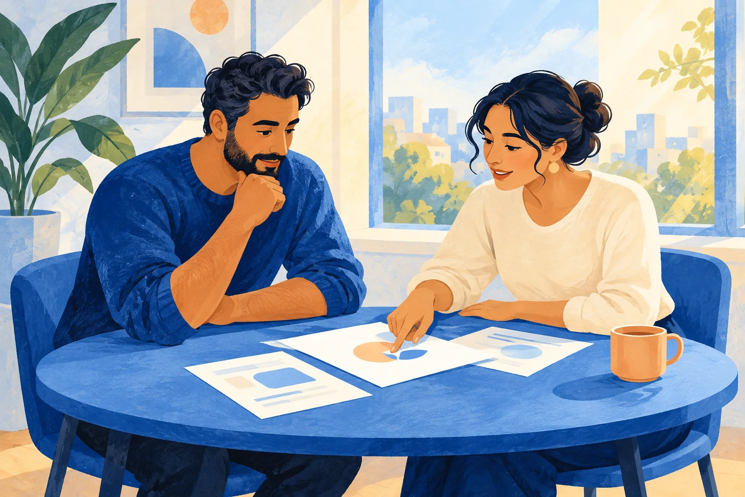 Ilustración ficticia de dos adultos revisando documentos juntos en una mesa azul.